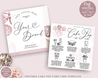 Cake Pops Care Card Editable Template, 3 Sizes Watercolor Cake Pop Guide, Printable Cake Lolly Care Insert, Cake Pops Instructions CK-001