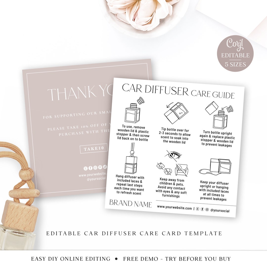 Car Diffuser Care Guide Editable Template, Minimalist DIY Edit Car Air