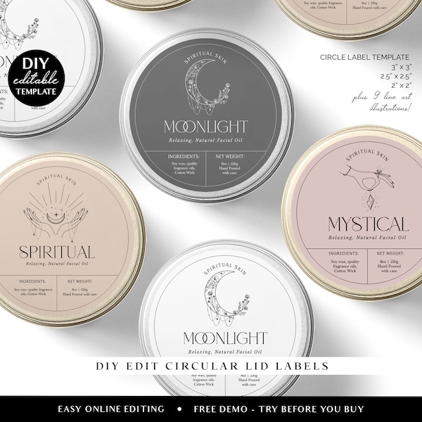 Editable Circular Label Template (3 Sizes) Personalised Spiritual Luxury Circle Candle / Cosmetic Skincare Label Design Printable - SPI-001