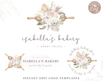 Editable Premade Logo Trio, 3x DIY Edit Boho Florals Bakery Logo Template Kit, Branding Package, Instant Cake Maker Boho Company Logo IB-001