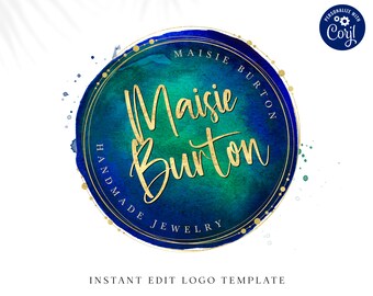 Editable Blue and Gold Logo Template, DIY Edit Watercolor Round Logo Design, Instant Download Gold Foil Logo, Round Stamp Logo MB-001