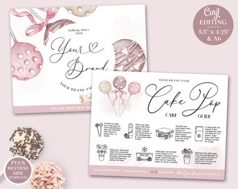 Cake Pops Care Card Editable Template, 2 Sizes Watercolor Cake Pop Guide, Printable Cake Lolly Care Insert, Cake Pops Instructions CK-001