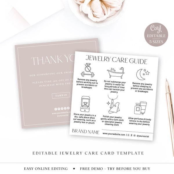 Jewelry Care Guide Editable Template, 5 Sizes Minimalist DIY Edit Jewellery Care Guide Card, Printable Square Care Instructions SD-002