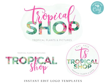 Editable Logo Template Bundle, DIY Edit Tropical Inspired Premade Logo, Instant Premade Business Logo, Watercolor Bright Logo Design TS-001