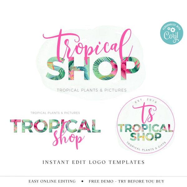 Editable Logo Template Bundle, DIY Edit Tropical Inspired Premade Logo, Instant Premade Business Logo, Watercolor Bright Logo Design TS-001