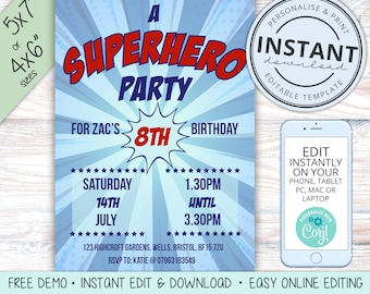 DIY Superhero Kids Birthday Invitation, Blue Comic Style Invitation Instant Download,  Boys Party Invitations , Editable Invitation PR0060