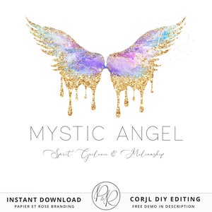 Editable Spiritual Logo Template, DIY Edit Pastel Angel Wing Business Logo, Premade Gold Logo Design, Tarot Reader Company Logo PR0483