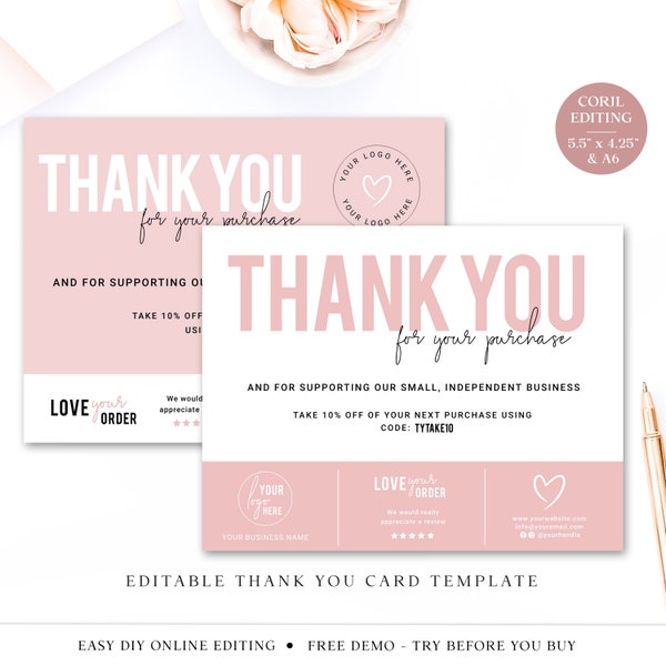 Editable Thank You Card Template, 2 Sizes Printable Beauty Thank You, Premade Thank You Business Card, DIY Customer Thank you Note PD-001