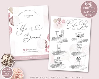 Cake Pops Care Card Editable Template, 3 Sizes Watercolor Cake Pop Guide, Printable Cake Lolly Care Insert, Cake Pops Instructions CK-001
