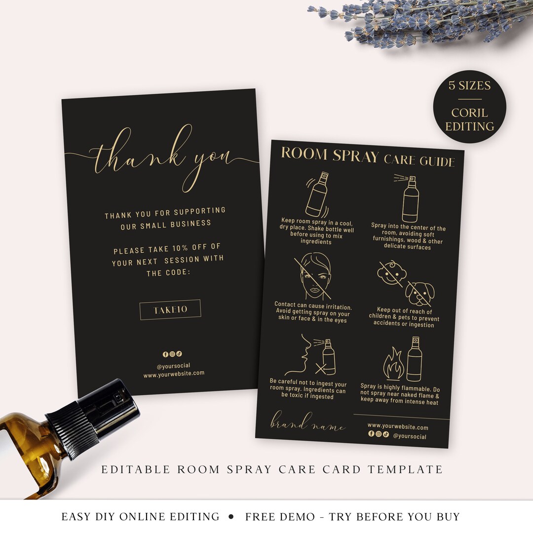 Printable Mist Card Editable Room Spray Care Card Template, 5 SIZES Air Freshener ...