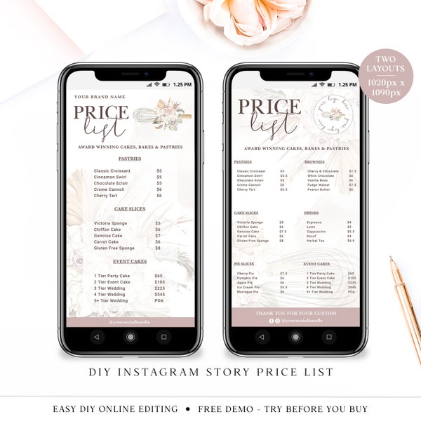 Editable Bakery Price List Template, Instagram Highlights Instagram Story Cover Template, Boho Cake Maker Price Guide Phone Image VB-001