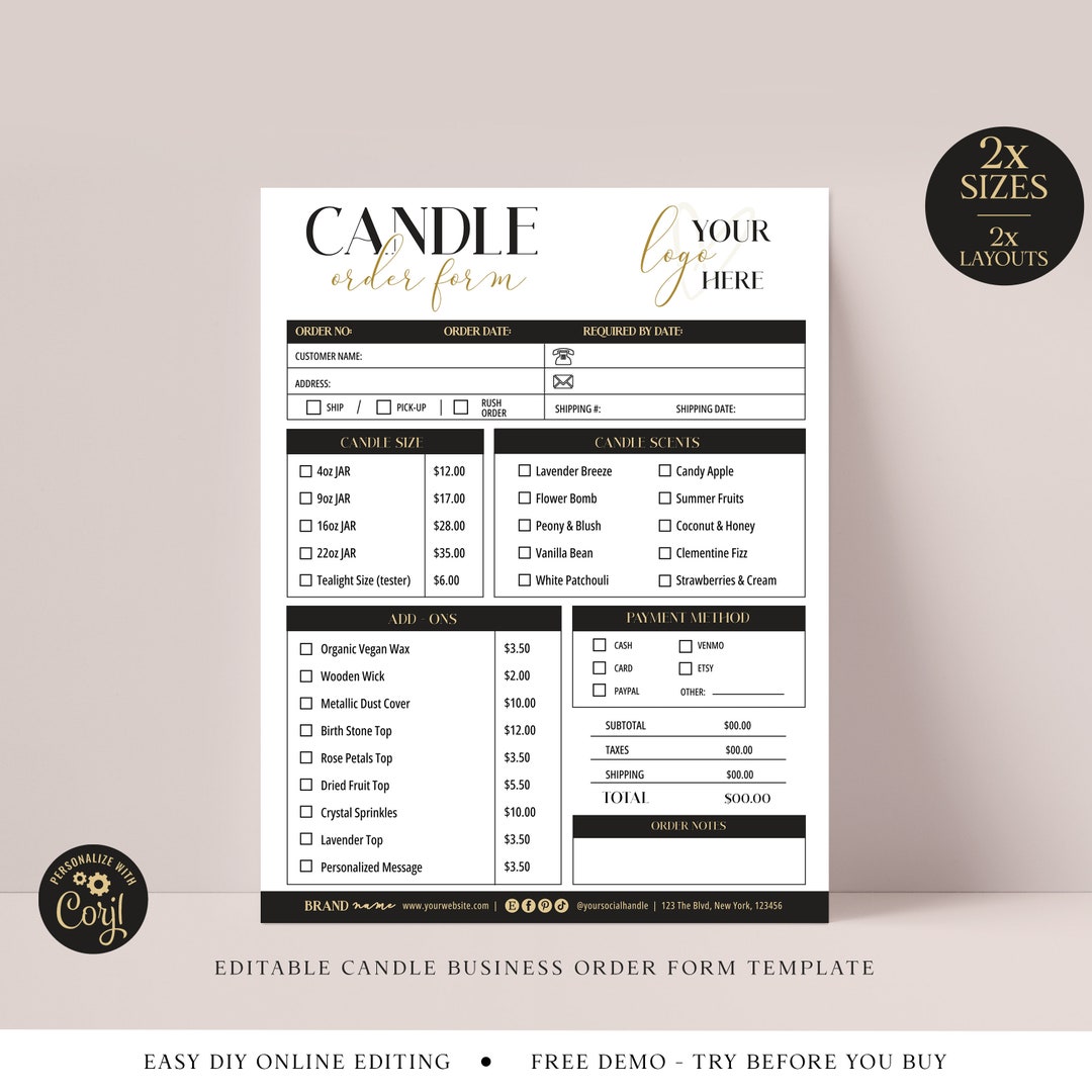 Editable Candle Order Form Template, 2 Sizes Modern Custom Candle Order