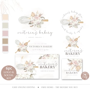 Editable Bakery Business Bundle, 6pc Branding Template Kit, Farmhouse Bakery Logo Set & Social Package, Premade Instant Download Logo VB-001