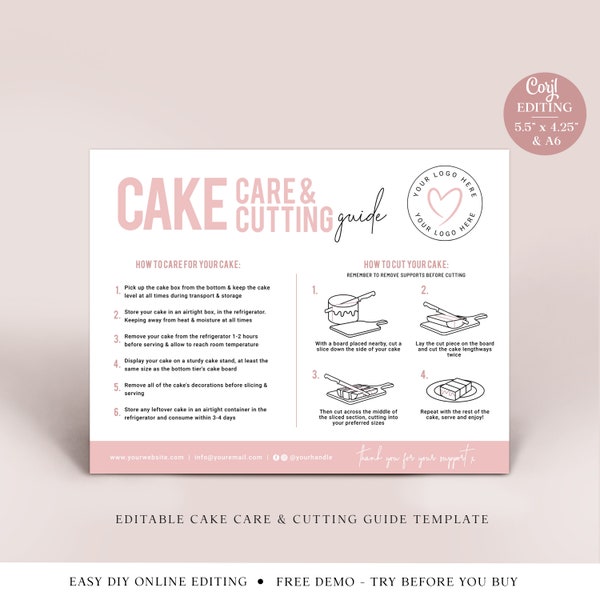 Cake Care and Cutting Guide Editable Template, 2 Sizes Printable Event Cake Portion Instructions, Minimal Bakery DIY Cake Serving PD-001