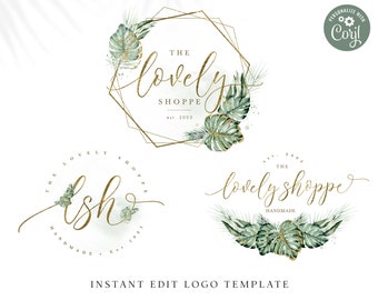 Editable Boho Logo Template Bundle, 3 x Foliage Watercolor Premade Logos, Instant DIY Edit Business Logo, Photography Watermark Logo  LS-001