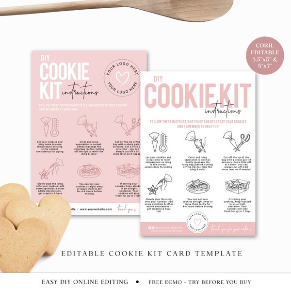 DIY Cookie Kit Instructions Editable Template, Printable Cookie Kit Guide, Minimalist Bakery DIY Edit Iced Biscuit Kit Card PD-001