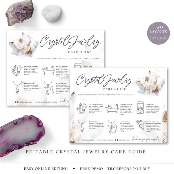 Crystal Jewelry Care Editable Template, DIY Edit Wire Jewellery Care Guide Card, Customizable Printable Gemstone Care Instructions SJ-001