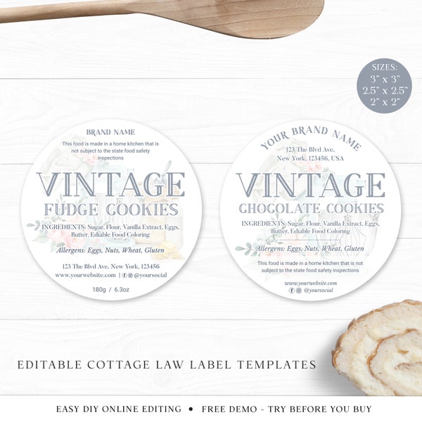 Cottage Law Label Template (3 Sizes) Bakery Food License Editable Circular Sticker, Printable Product Thank You Cottage Industry JB-001