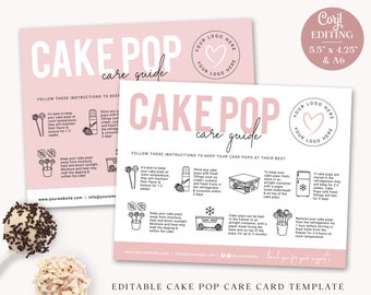 Cake Pop Care Card Editable Template, 2 SIZES Printable Cake Balls Instructions Guide, Minimalist Bakery Cake Lolly Care Insert PD-001