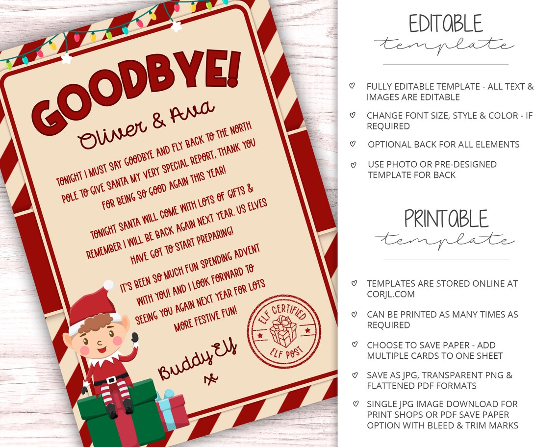 EDITABLE Elf Goodbye Letter PERSONALIZED Instant Download DIY | Etsy