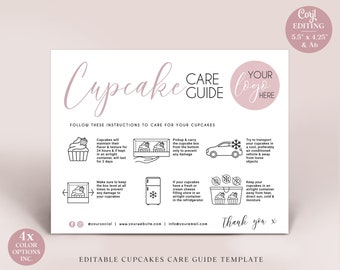 Cupcake Care Card Editable Template, 2 Sizes Minimalist Muffin Care Guide, Printable Cupcake Care Insert, Cupcakes Instructions MM-001