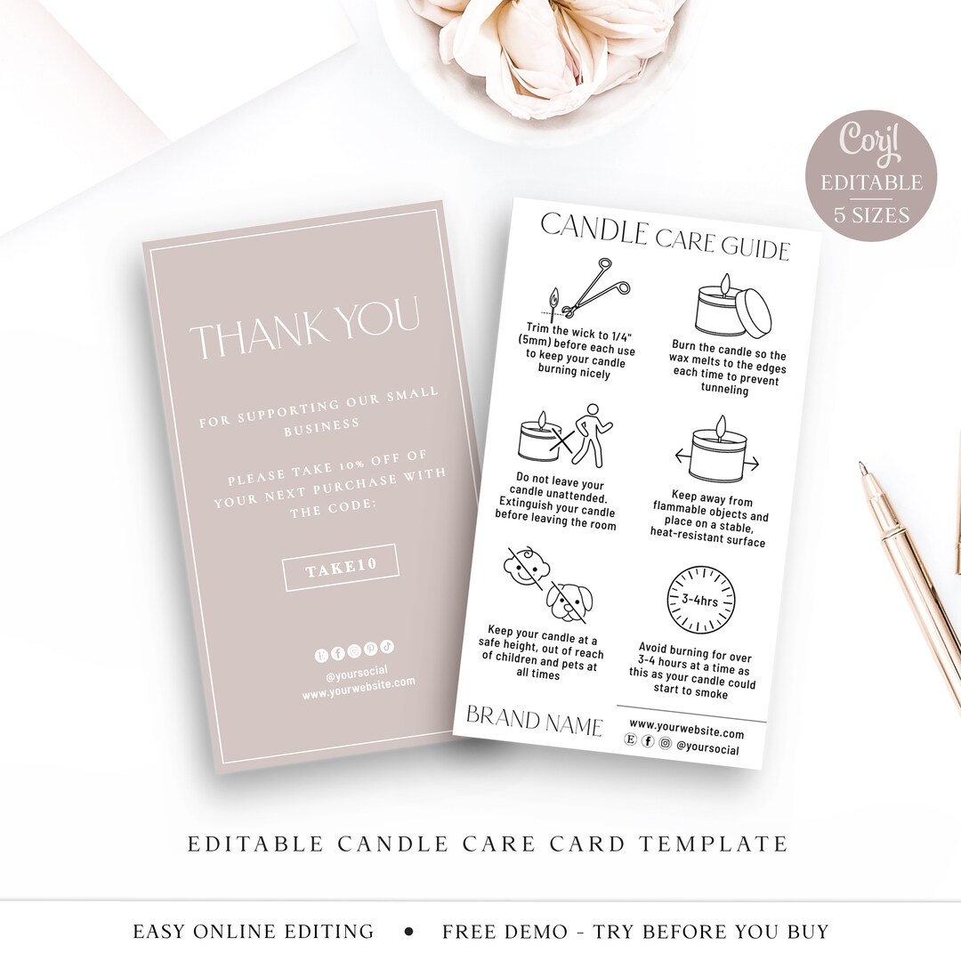 Editable Candle Care Card Template, 5 Sizes Minimalist DIY Edit Candle ...