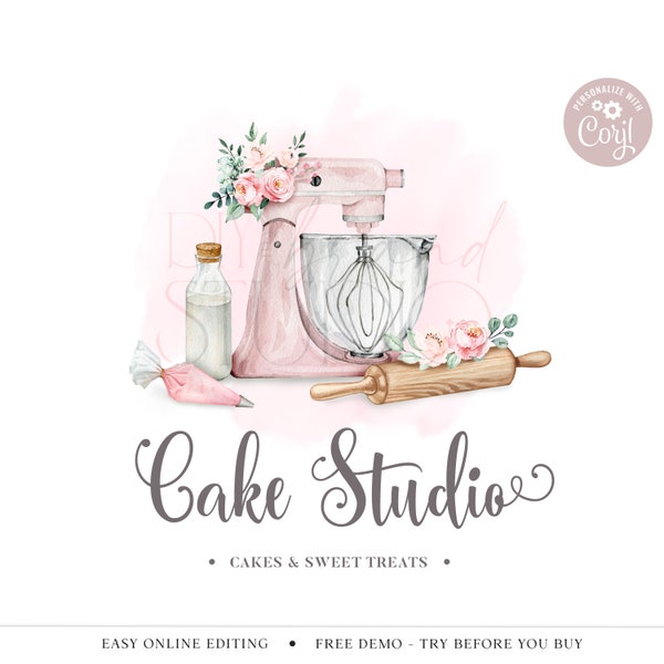 Farmhouse Bakery Logo DIY Editable Template, Instant Edit Watercolor Mixer Business Logo, Premade Baker Logo Design, Cake Maker CS-001