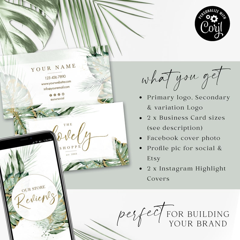 Editable Branding Bundle, 8pc DIY Edit Logo Business Card Template, Premade Social Boho Green & Gold Foliage Design, Brand Kit LS-001 image 4