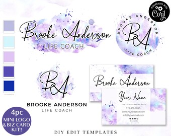 Editable logo & Business Card Template Bundle, Messy Watercolor Splash Instant Branding Kit, Premade Logo Kit Ready-made Templates - BA-001