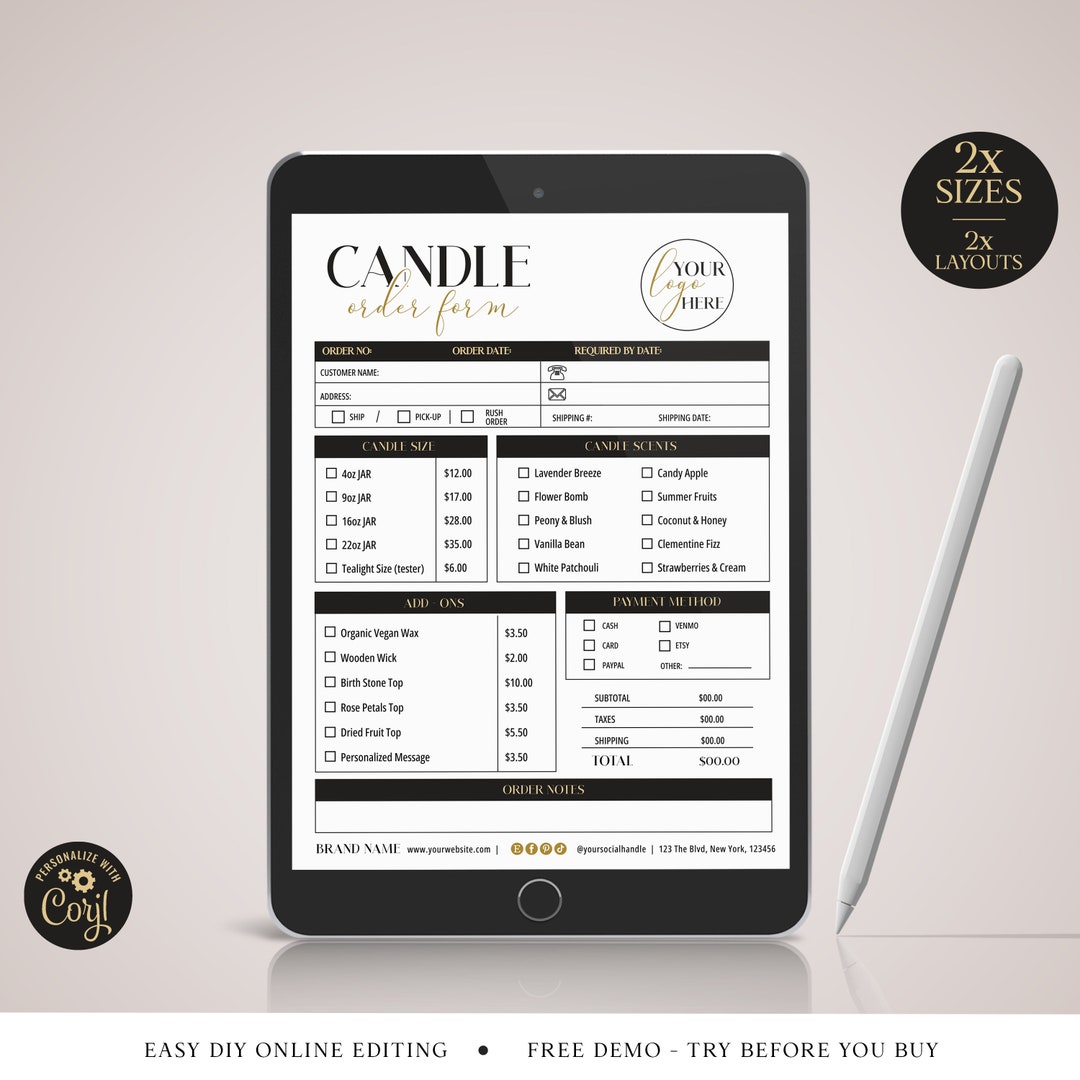 Editable Candle Order Form Template 2 Sizes Modern Custom Etsy