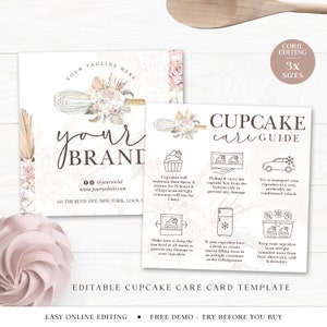 Cupcake Care Card Editable Template, 3 Sizes Printable Square Cupcake Care, Boho Whisk Muffin Care Guide, FairyCake Care Instructions VB-001