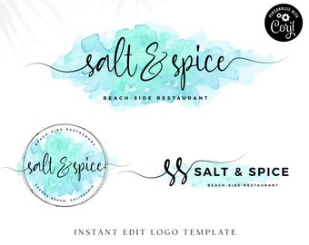 Logo Suite 3 x Logos Sofortbearbeitung & Download Türkis Aquarell Splash Branding Kit | Bearbeiten Sie sich Online! | Premade Business Logo SS-003