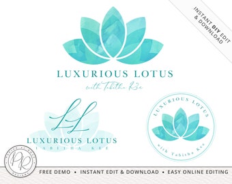 DIY 3 x Logo Suite Instant Edit & Download Watercolor Lotus Spa  |  DIY Edit Yourself Online!  Premade Startup Business Logo LL-002