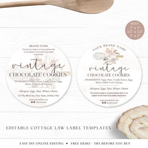 Cottage Law Label Template (3 Sizes) Bakery Food License Editable Circular Sticker, Printable Boho Thank You Cottage Industry VB-001