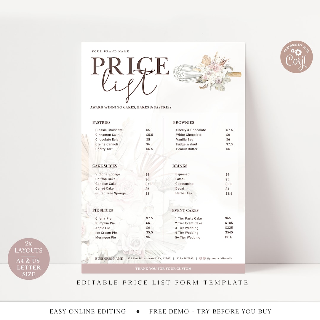 Bakery Price List Template, A4 & US Letter Boho Editable Pricing Guide