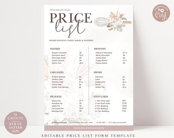 Bakery Price List Template, A4 & US Letter Boho Editable Pricing Guide, Customizable Printable Price Guide, DIY Edit Cake Price Sheet VB-001