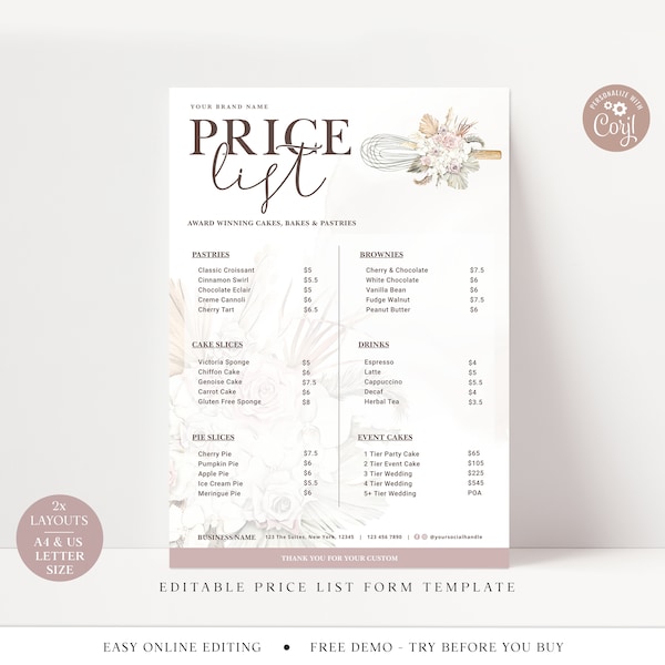 Bakery Price List Template, A4 & US Letter Boho Editable Pricing Guide, Customizable Printable Price Guide, DIY Edit Cake Price Sheet VB-001