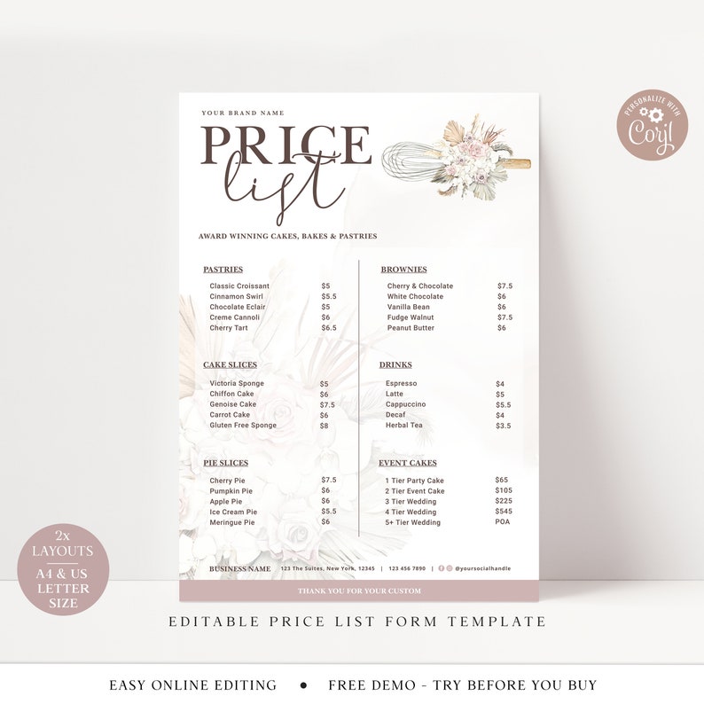 Bakery Price List Template A4 & US Letter Boho Editable Etsy UK