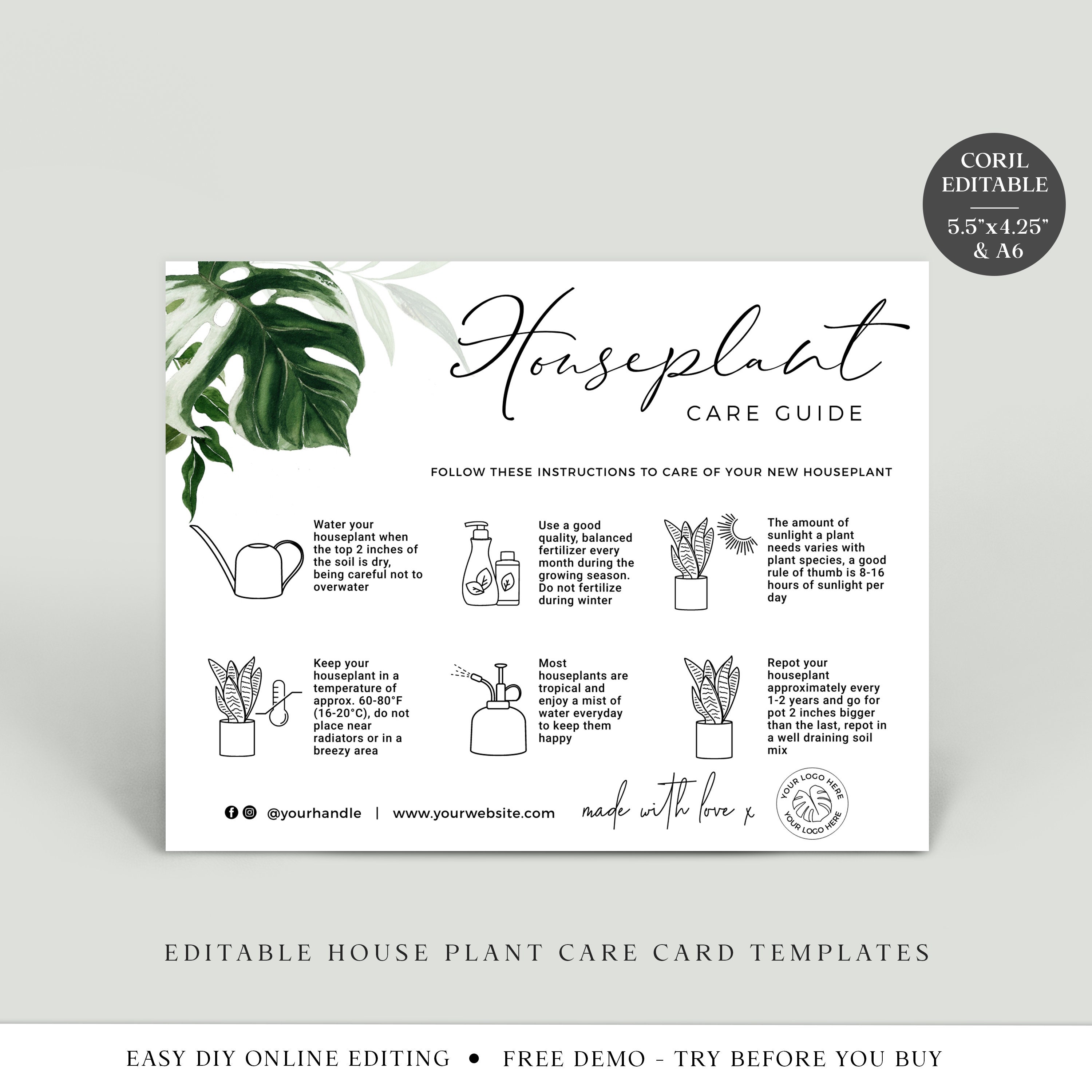 Editable Houseplant Card Printable Plant Care Template - Etsy Singapore