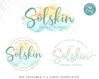 DIY Edit Logo Bundle Templates, 3 x Beachy Watercolor Splash Logos, Instant Editable Branding Bundle, Ready-Made Logo Template SS-001