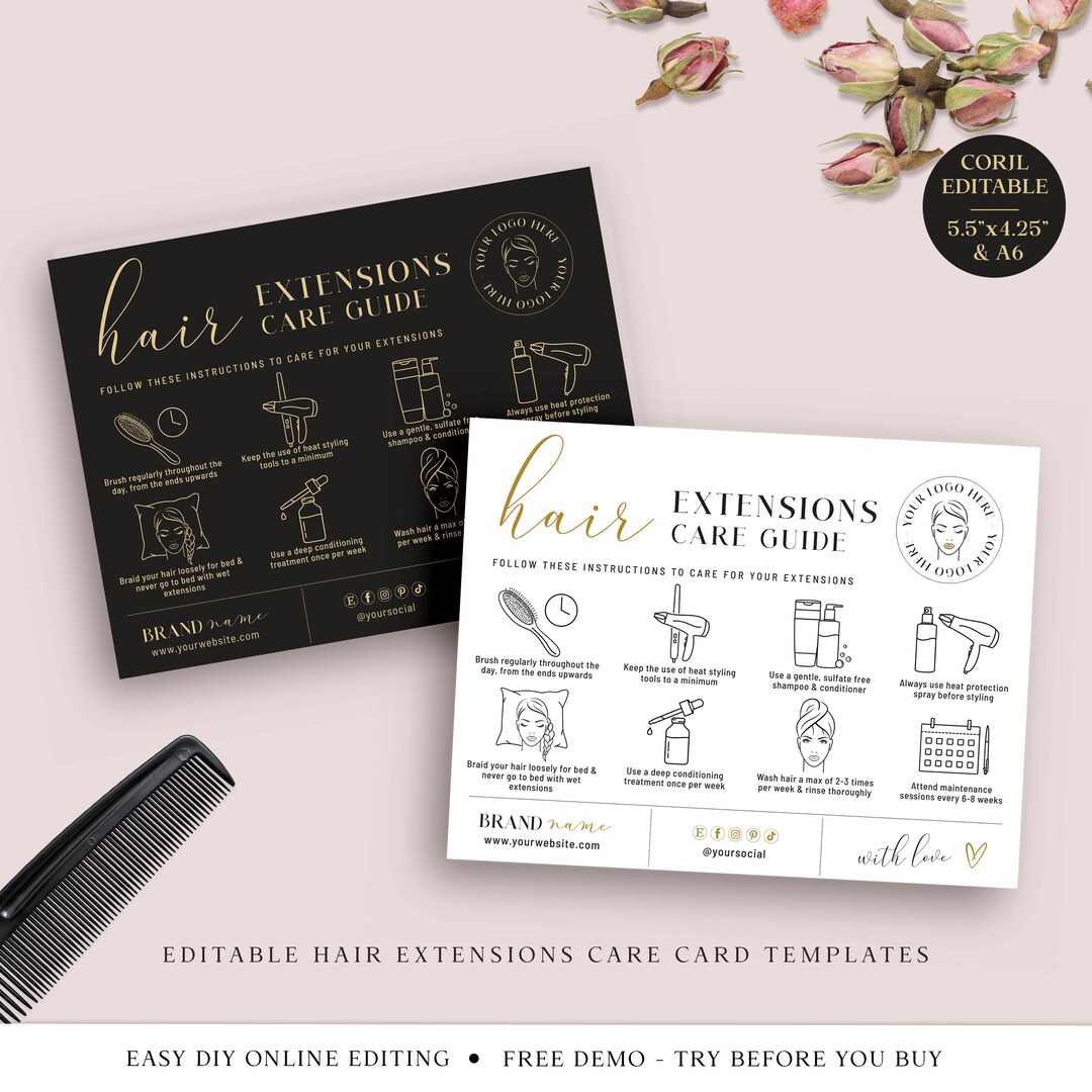 Hair Extension Aftercare Editable Template, 2 Sizes Elegant Hair