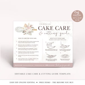 Cake Care and Cutting Guide Editable Template, 2 Sizes Printable Event Cake Portion Instructions, Boho Bakery DIY Cake Serving Guide VB-001