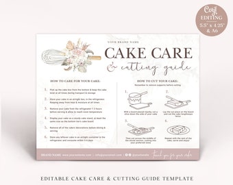 Cake Care and Cutting Guide Editable Template, 2 Sizes Printable Event Cake Portion Instructions, Boho Bakery DIY Cake Serving Guide VB-001
