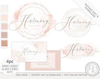 4pc Editable Marble Branding Kit Blush Pink & Rose Gold Logo Suite + Business Card Instant Download Premade Logo | DIY Template - HP-001