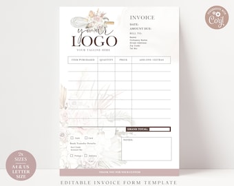 Editable Invoice Template, DIY Edit Business Invoice Form, Printable Boho Bakery Order Form, Customizable Wedding Cake Client Invoice VB-001