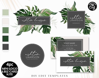 Editable Business Bundle Templates, 4pc DIY Edit Tropical Logo and Business Card Template, Foliage Watercolor Logo Instant Access  AL-001