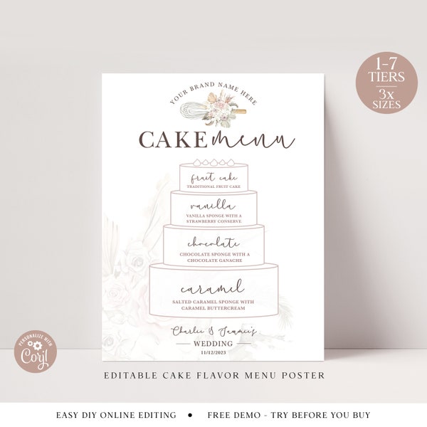Cake Menu Sign Editable Template, Wedding Cake Flavor Poster, Printable Cake Flavor Menu Sign, DIY Edit Custom Tiered Cake Sign VB-001