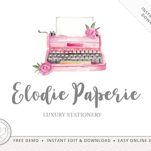 DIY Cute Paperie Watercolor Typewriter Premade Logo  |  Instant Edit Yourself Online!  |  Instant Business logo Template EP-001