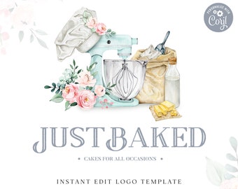 Editable Bakery Logo Template, Instant Edit Watercolor Mixer Business Logo, Premade Baker Farmhouse Style Logo Design, Cake Maker JB-001