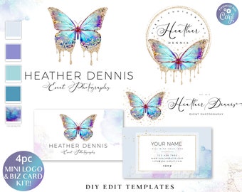 Editable 4pc Butterfly Branding Kit Ethereal Sparkling Logo Suite + Business Card Instant Download Premade Logo | DIY Edit Template HD-001